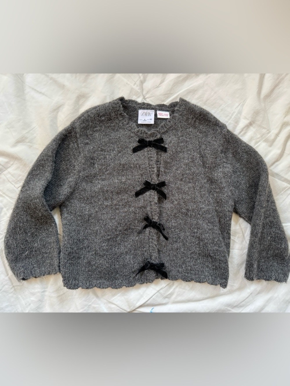 Zara Charcoal Gray Knit Cardigan with Black Velvet Bows